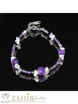 Изящна ръно изработена гривна за ръка или глезен от естествен аметист 3 мм фасета и куб 7 мм, кристали и стоманени елементи, закопчалка и удължител - GA3149